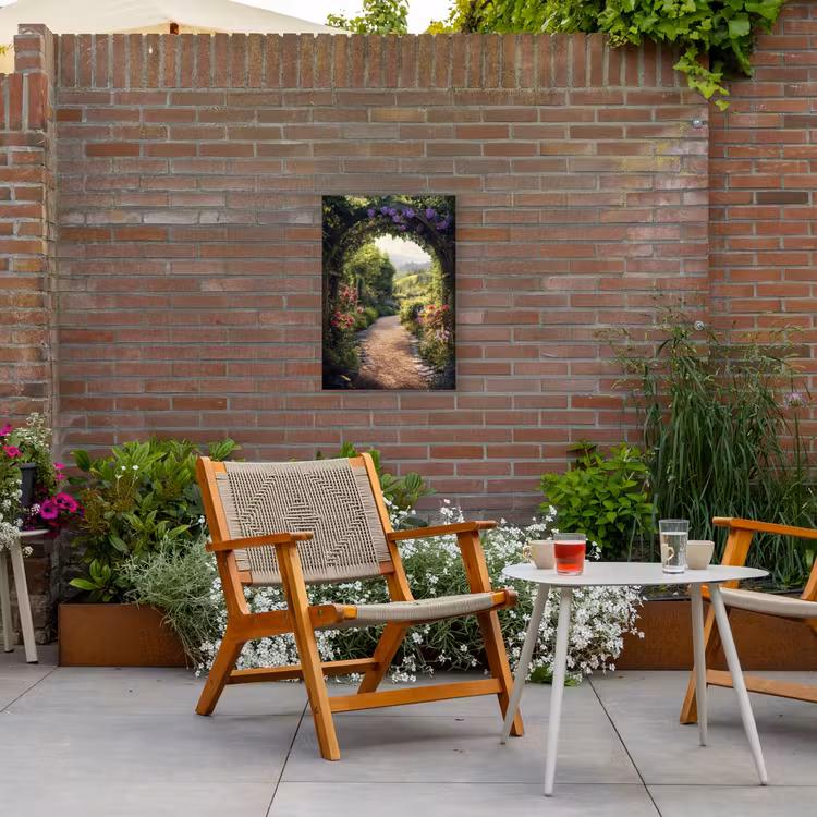 Doorkijk - Landschap - Bloemen - Tuinboog - Natuur Tuinposter op houten frame 2 cm dik klein -sfeer3