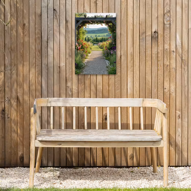 Doorkijk - Landschap - Natuur - Tuinboog - Bloemen Tuinposter op houten frame 2 cm dik klein -sfeer4