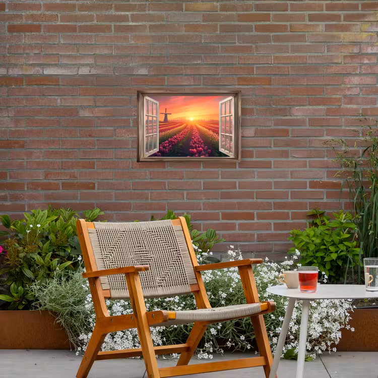 Doorkijk - Tulpen - Zonsondergang - Bloemen - Kleurrijk Tuinposter op houten frame 2 cm dik klein -sfeer3