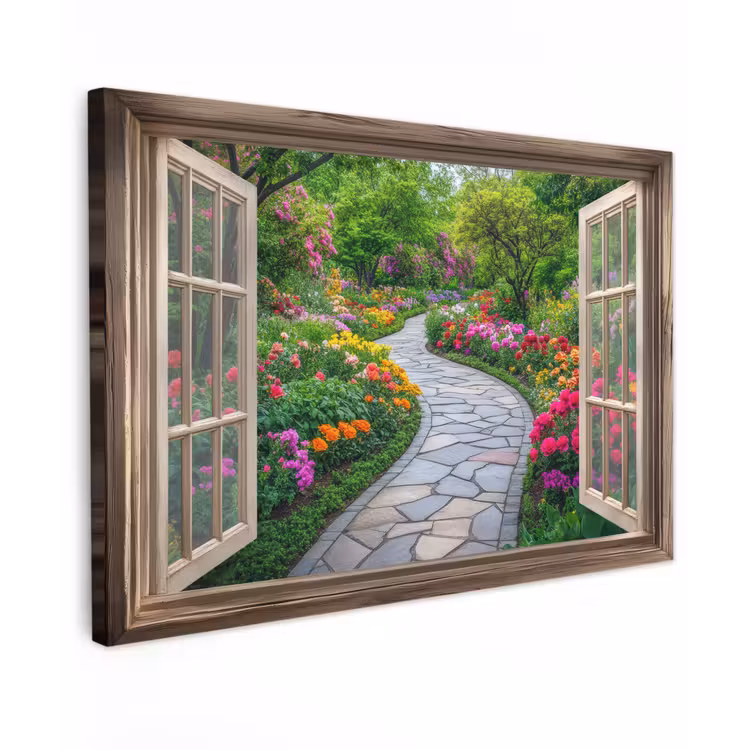 Doorkijk - Bloemen - Tuinpad - Natuur - Raam Tuinposter op houten frame 2 cm dik klein -3d