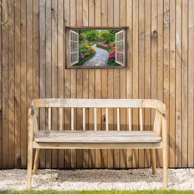 Doorkijk - Bloemen - Tuinpad - Natuur - Raam Tuinposter op houten frame 2 cm dik klein -sfeer4