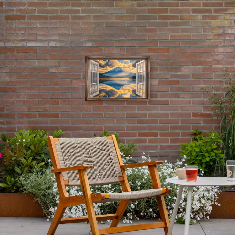 Doorkijk - Landschap - Bergen - Uitzicht - Raam Tuinposter op houten frame 2 cm dik klein -sfeer3