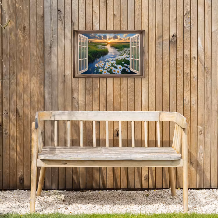 Doorkijk - Landschap - Raam - Water - Zonsondergang Tuinposter op houten frame 2 cm dik klein -sfeer4