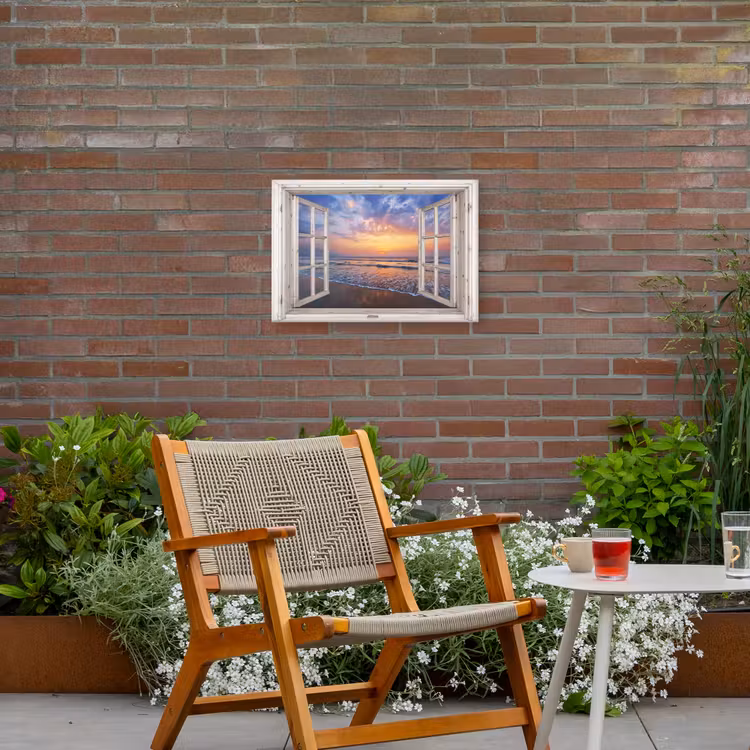 Doorkijk - Zee - Strand - Zonsondergang - Blauw Tuinposter op houten frame 2 cm dik klein -sfeer3
