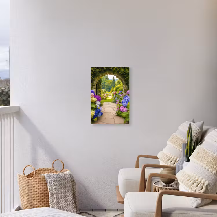 Doorkijk - Poort - Hortensia - Bloementuin Tuinposter op houten frame 2 cm dik klein -sfeer1