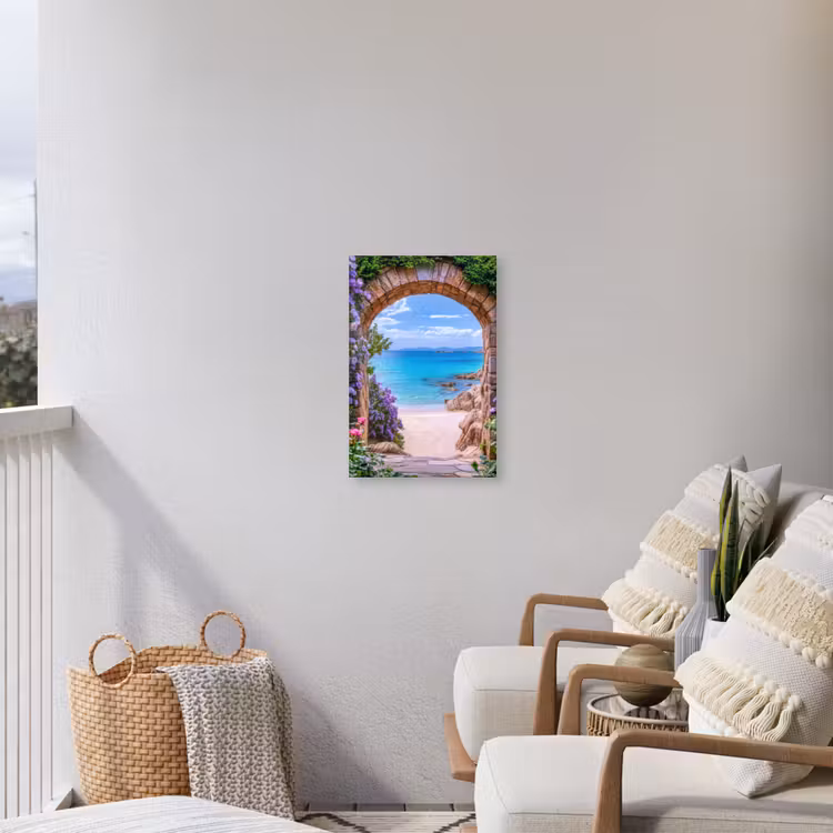 Doorkijk - Poort - Zee - Strand - Rotsen Tuinposter op houten frame 2 cm dik klein -sfeer1