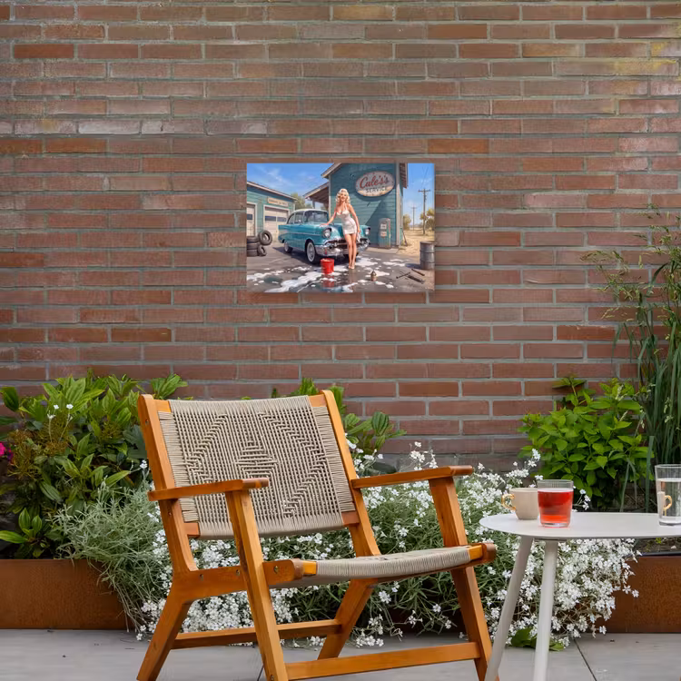 Auto - Vrouw - Groen Tuinposter op houten frame 2 cm dik klein -sfeer3