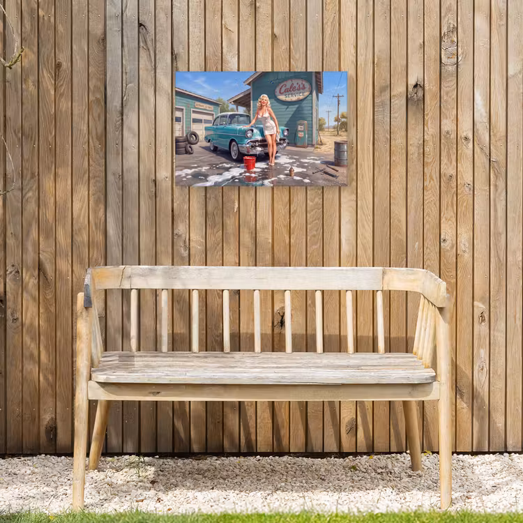 Auto - Vrouw - Groen Tuinposter op houten frame 2 cm dik klein -sfeer4