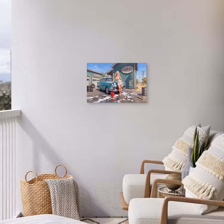 Auto - Vrouw - Groen Tuinposter op houten frame 2 cm dik klein -sfeer1
