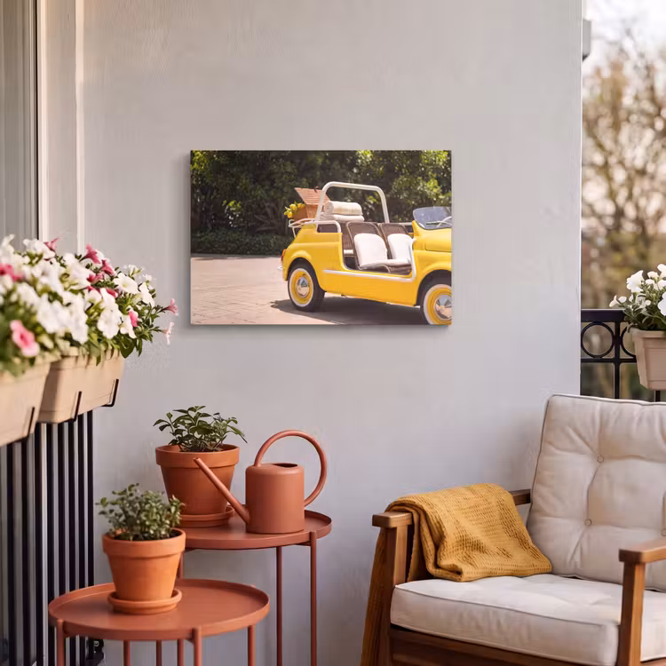 Auto - Picknick - Zomer - Geel Tuinposter op houten frame 2 cm dik klein -sfeer1
