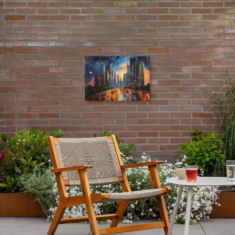 Auto - Skyline - Zon - Blauw Tuinposter op houten frame 2 cm dik klein -sfeer3