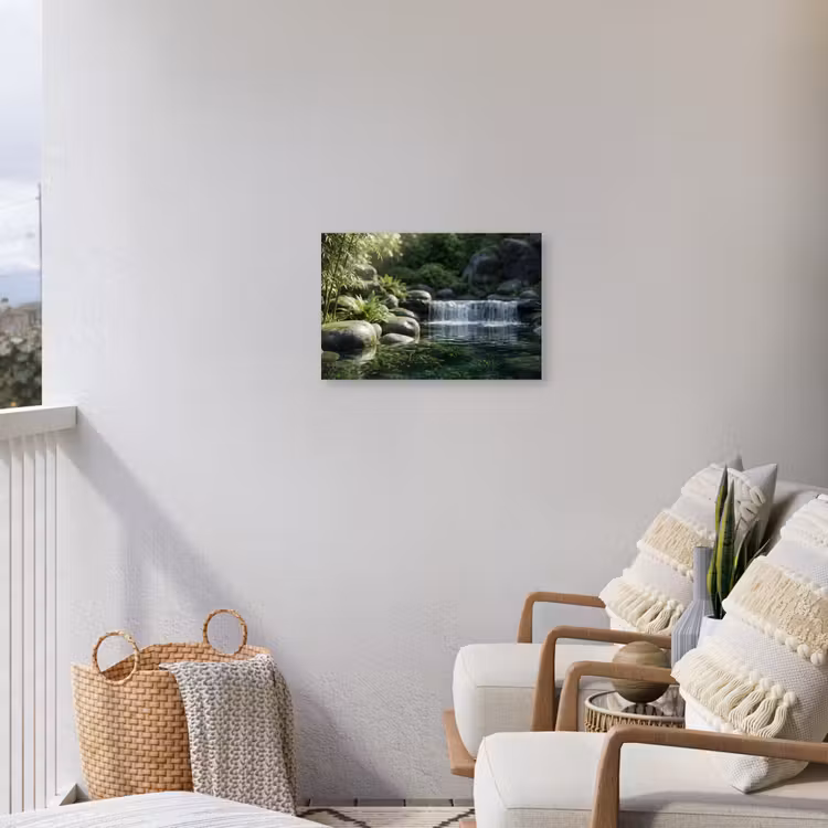 Beek - Waterval - Natuur - Groen Tuinposter op houten frame 2 cm dik klein -sfeer1