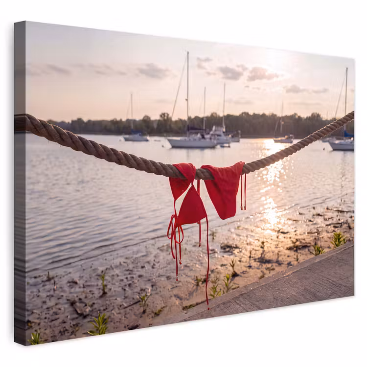 Badkleding - Rood - Zomer - Water - Zonsondergang Tuinposter op houten frame 2 cm dik klein -3d
