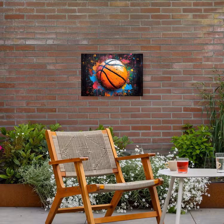 Basketbal in Kleurrijke Spatten Tuinposter op houten frame 2 cm dik klein -sfeer3