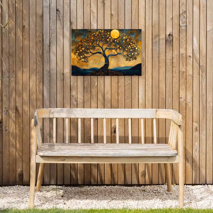 Boom - Maan - Bloemen - Goud - Kunst Tuinposter op houten frame 2 cm dik klein -sfeer4