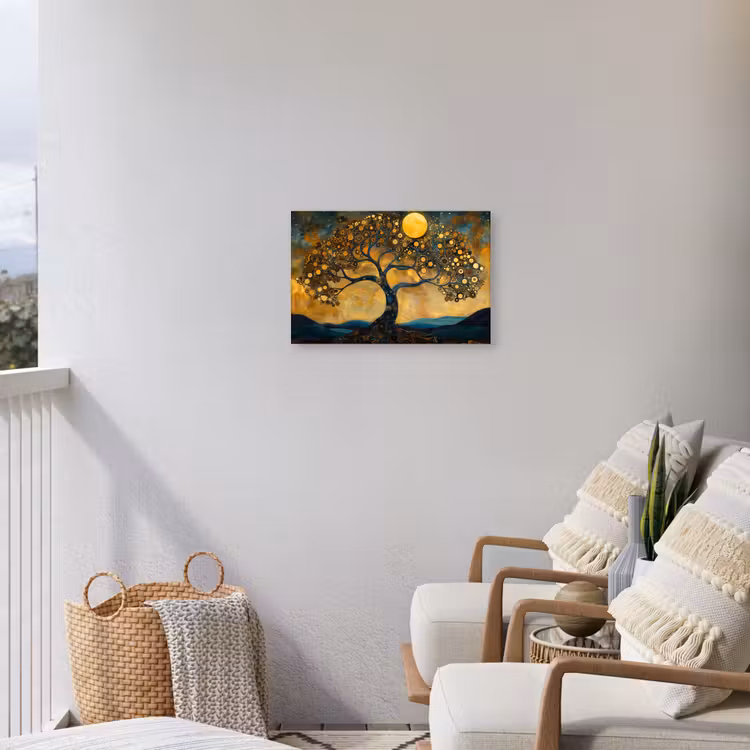 Boom - Maan - Bloemen - Goud - Kunst Tuinposter op houten frame 2 cm dik klein -sfeer1