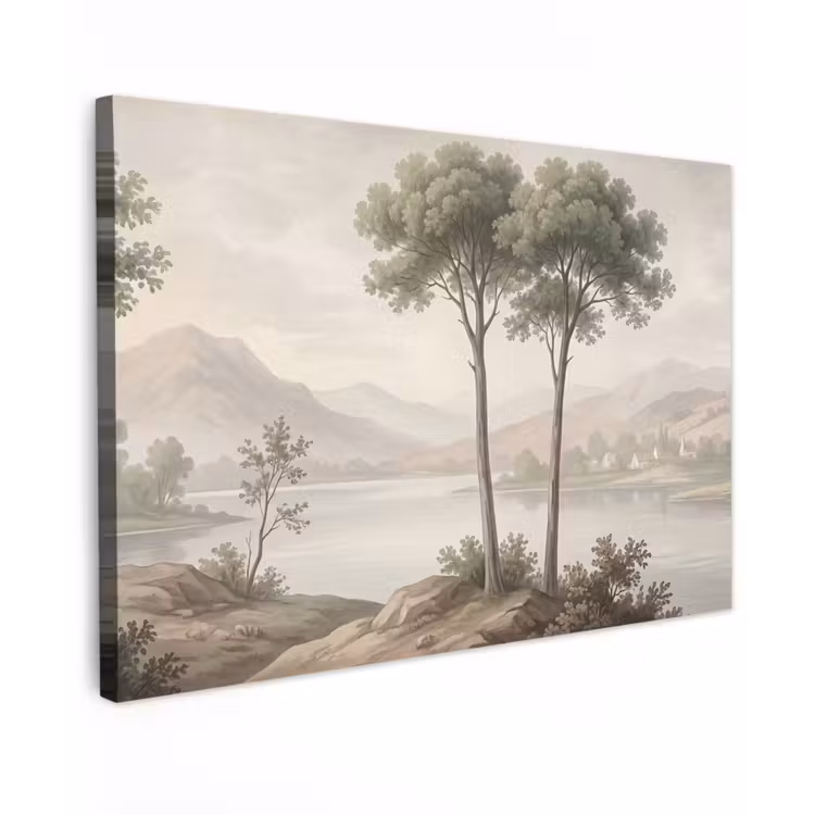 Bomen - Meer - Bergen - Illustratie Tuinposter op houten frame 2 cm dik klein -3d