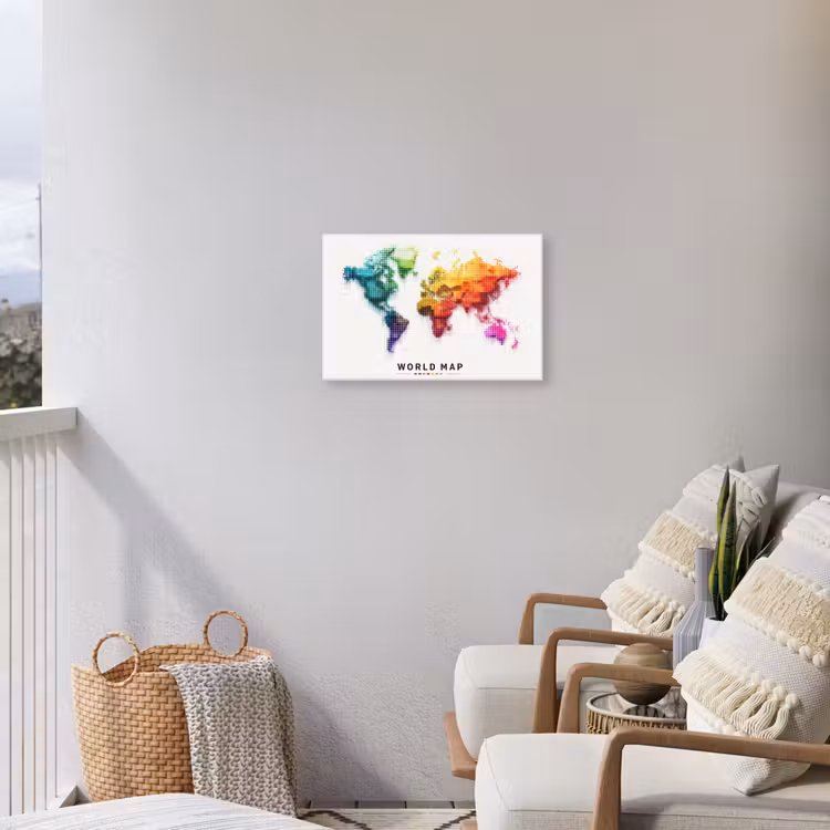 Pixels - Wereldkaart - Kleurverloop Tuinposter op houten frame 2 cm dik klein -sfeer1