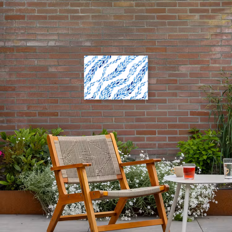 Bladeren - Aquarel - Patroon - Modern - Blauw Tuinposter op houten frame 2 cm dik klein -sfeer3