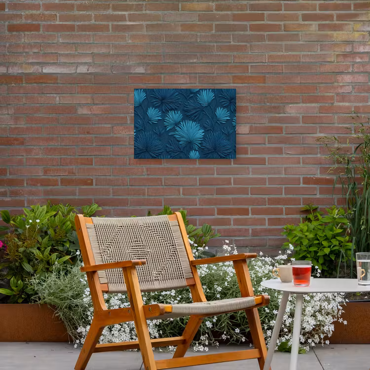 Bladeren - Reliëf - Patroon - Oceaanblauw - Modern Tuinposter op houten frame 2 cm dik klein 845 -sfeer3
