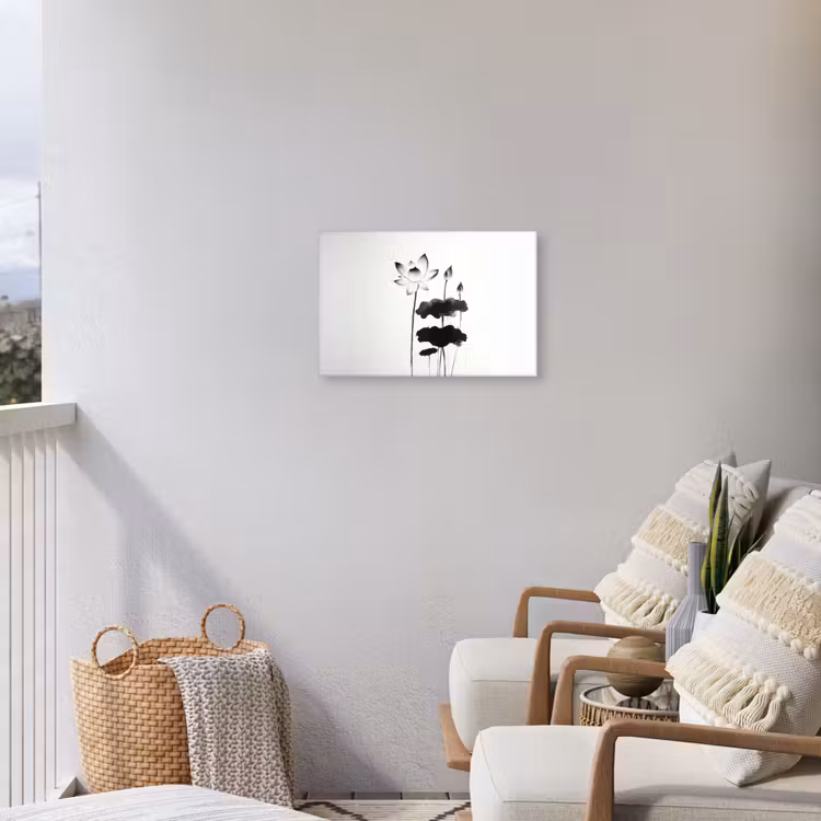 Bladeren - Zwart - Lotusbloem - Minimalitisch Tuinposter op houten frame 2 cm dik klein -sfeer1