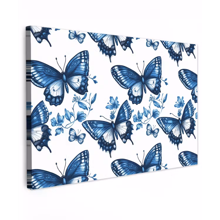 Blauw - Vlinders - Bloemen - Wit Tuinposter op houten frame 2 cm dik klein 845 -3d