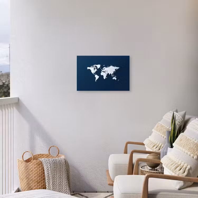 Blauw - Wereldkaart - Modern - Wit Tuinposter op houten frame 2 cm dik klein -sfeer1