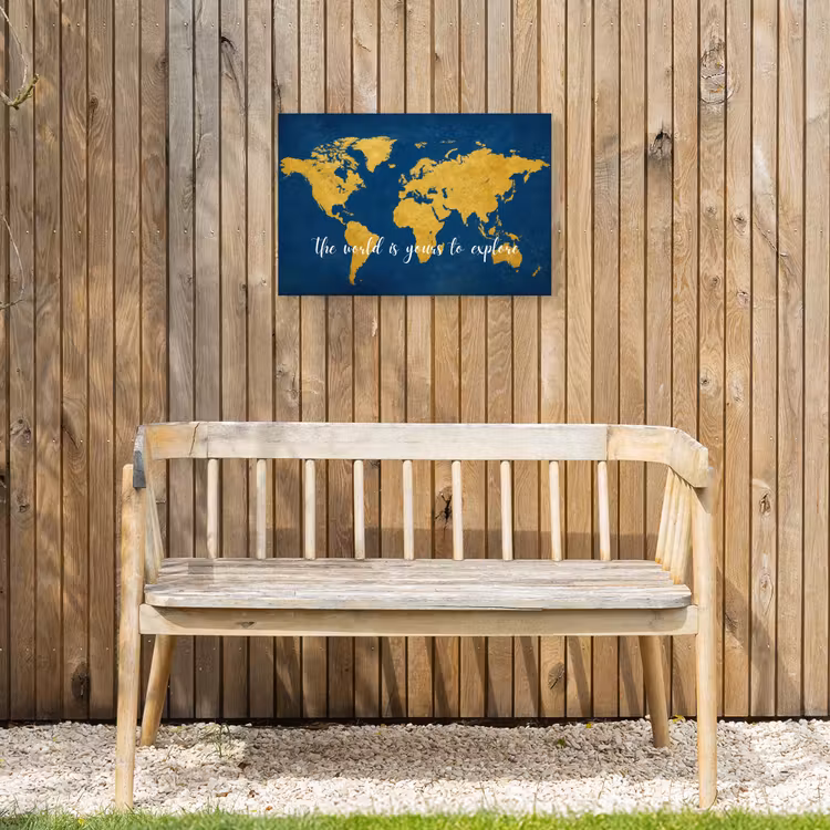 Blauw - Wereldkaart - Quote - Explore Tuinposter op houten frame 2 cm dik klein -sfeer4