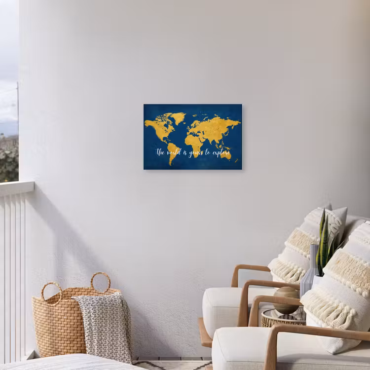 Blauw - Wereldkaart - Quote - Explore Tuinposter op houten frame 2 cm dik klein -sfeer1