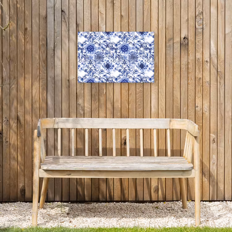 Bloemen - Blauw - Patroon - Wit Tuinposter op houten frame 2 cm dik klein 845 -sfeer4