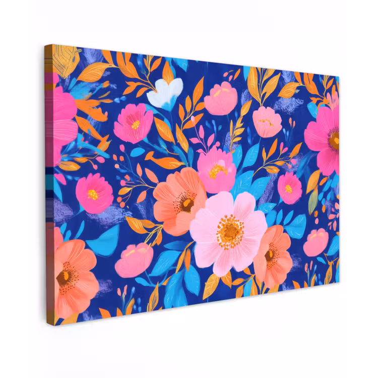 Bloemen - Blauw - Roze Tuinposter op houten frame 2 cm dik klein -3d