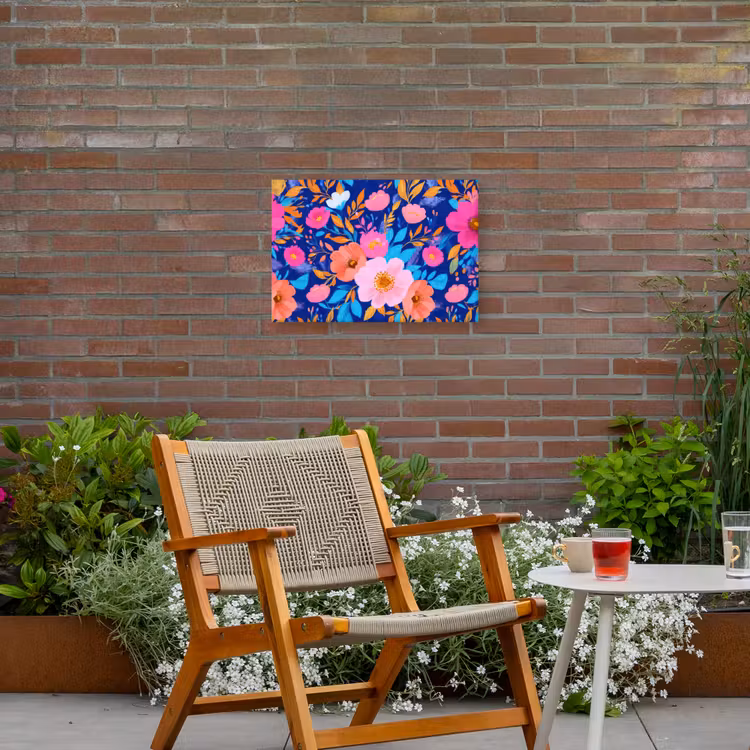 Bloemen - Blauw - Roze Tuinposter op houten frame 2 cm dik klein -sfeer3