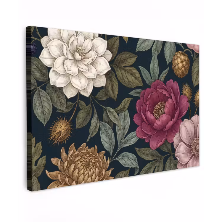 Bloemen - Botanisch - Illustratie - Donker - Vintage Tuinposter op houten frame 2 cm dik klein -3d