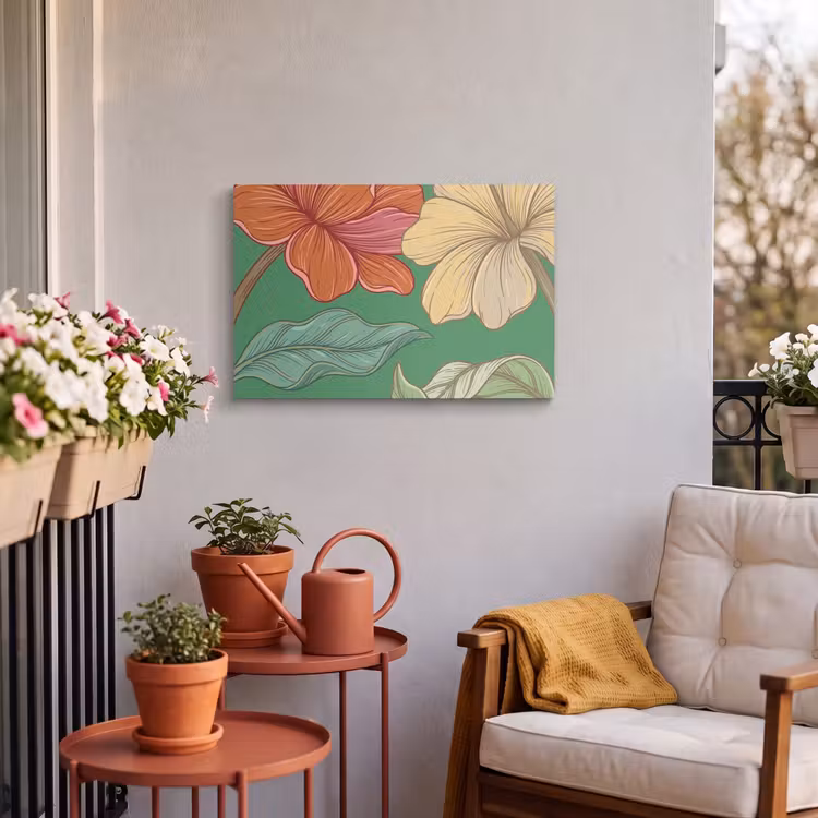 Outdoor Leinwand - Blumen – Grün – Illustration - Bloemen - Groen - Illustratie Tuinposter op houten frame 2 cm dik klein