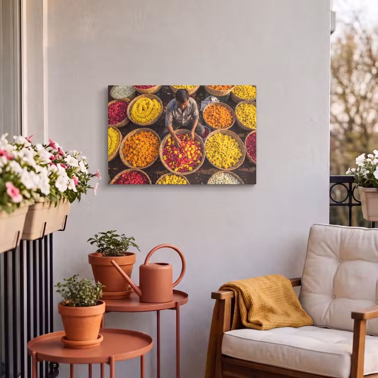 Outdoor Leinwand - Blumen – Markt – Bunt - Bloemen - Markt - Kleurrijk Tuinposter op houten frame 2 cm dik klein