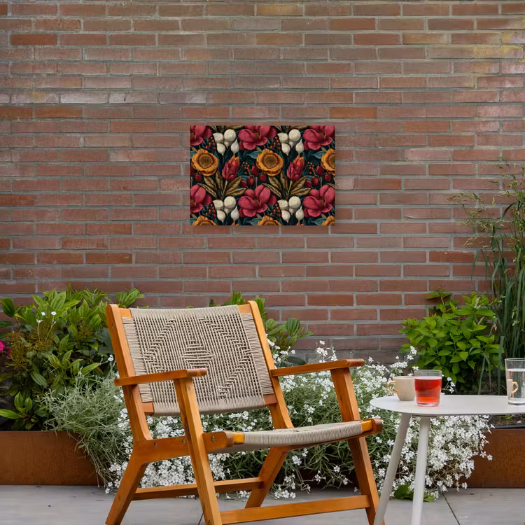 Bloemen - Patroon - Rood - Goud Tuinposter op houten frame 2 cm dik klein 845 -sfeer3