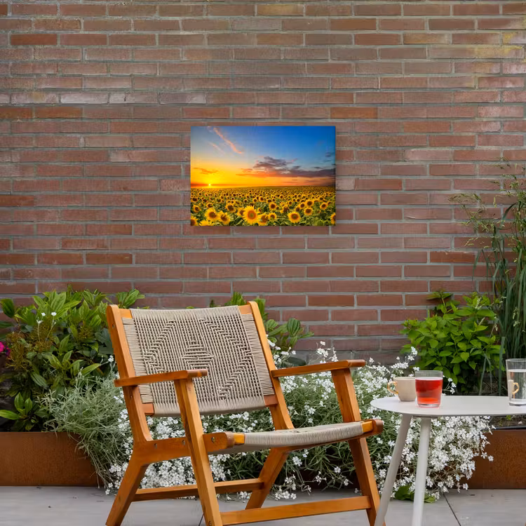 Bloemen - Zonnebloem - Zonsondergang - Nacht - Oranje Tuinposter op houten frame 2 cm dik klein -sfeer3