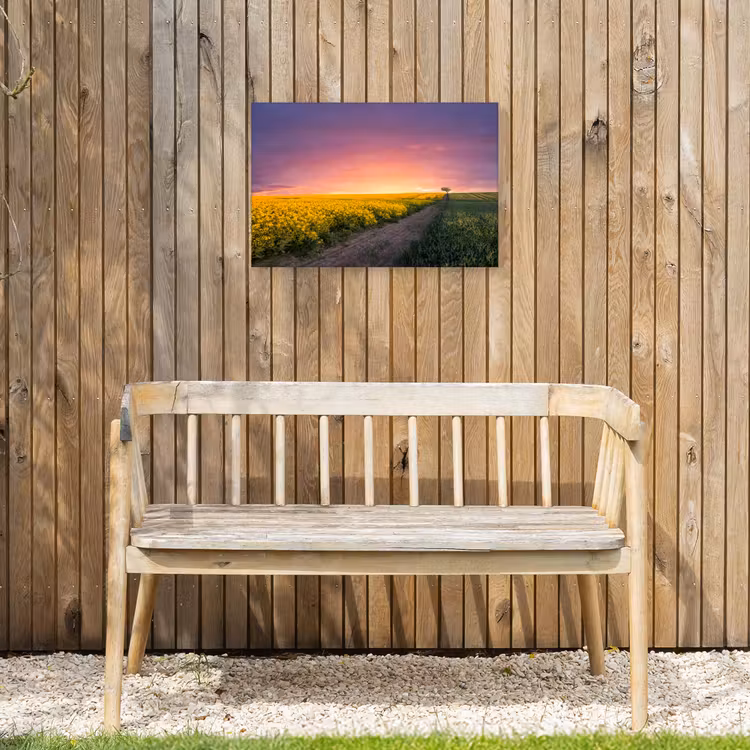 Bloemen - Weg - Lucht - Geel - Paars - Zonsondergang - Natuur Tuinposter op houten frame 2 cm dik klein -sfeer4