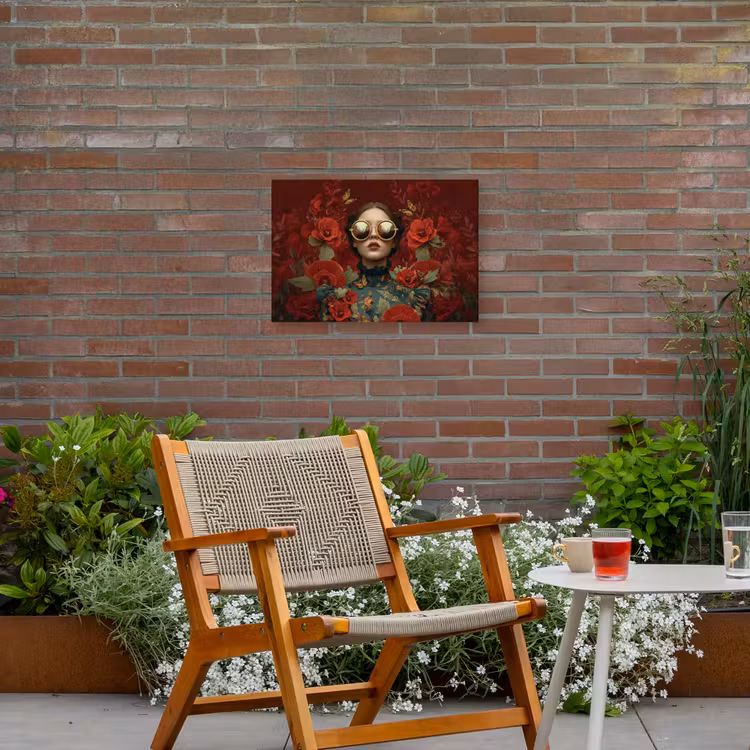 Bloemen - Dieprood - Zonnebril - Vrouw Tuinposter op houten frame 2 cm dik klein -sfeer3