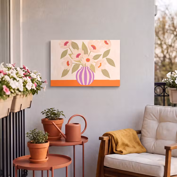 Bloemen - Vaas - Abstract - Paars - Oranje Tuinposter op houten frame 2 cm dik klein -sfeer1