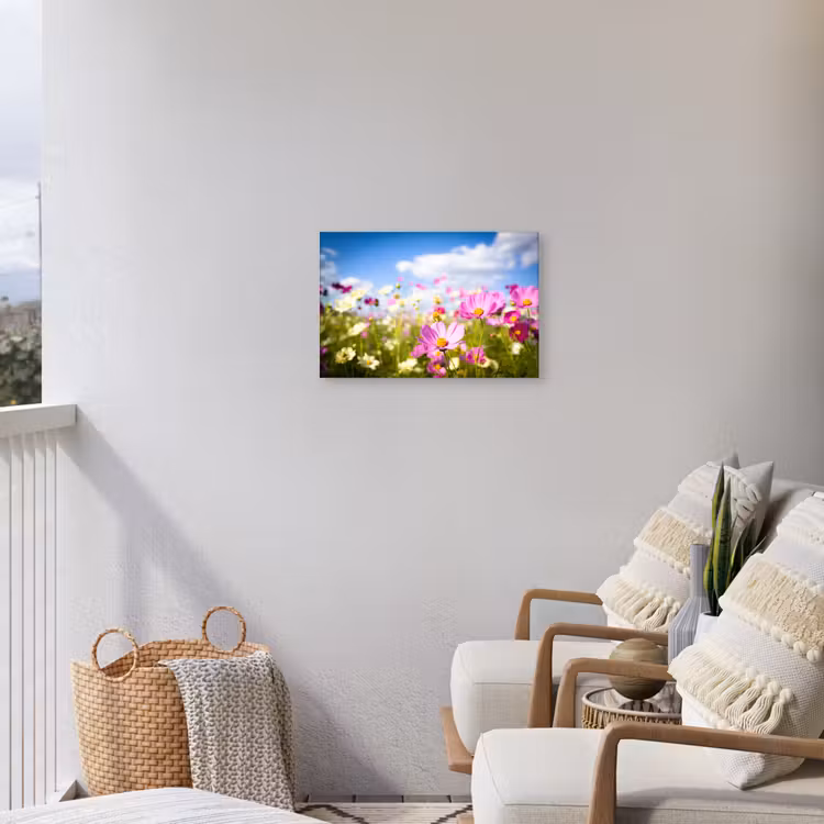 Bloemen - Wei - Paars - Gras - Wit - Wolken - Blauw Tuinposter op houten frame 2 cm dik klein -sfeer1