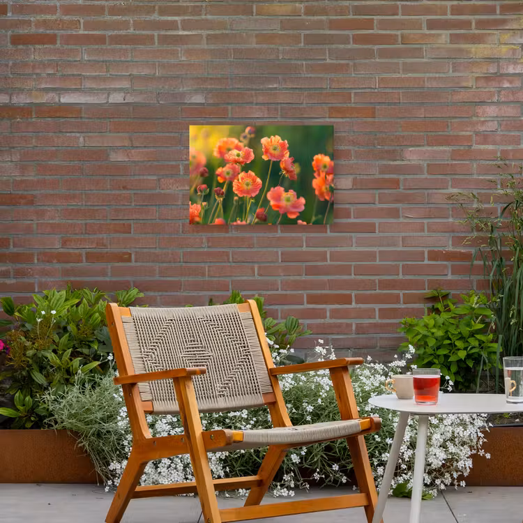Bloemenveld - Zonnestralen - Oranje Tuinposter op houten frame 2 cm dik klein -sfeer3