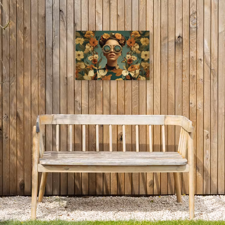 Bloemenkrans - Vrouwengezicht - Zonnebril - Oranje Tuinposter op houten frame 2 cm dik klein -sfeer4
