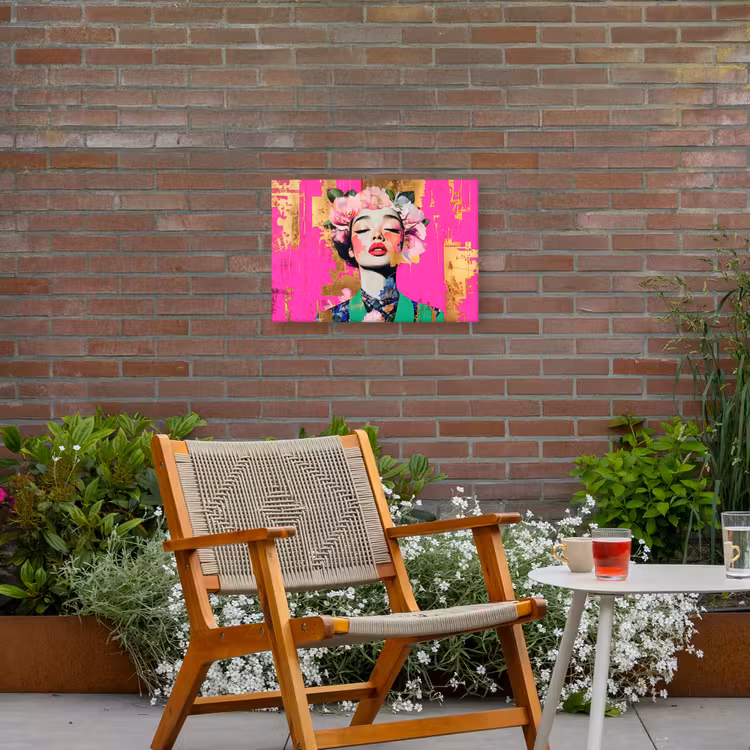 Bloemenkroon - Goud - Vrouw - Portret Tuinposter op houten frame 2 cm dik klein -sfeer3