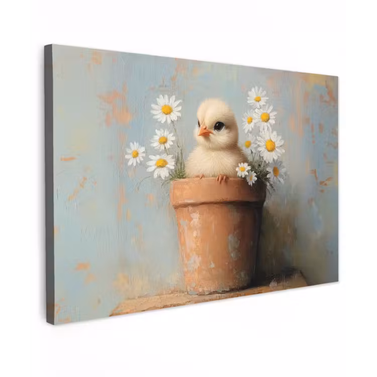 Bloempot - Kuiken - Bloemetjes Tuinposter op houten frame 2 cm dik klein -3d