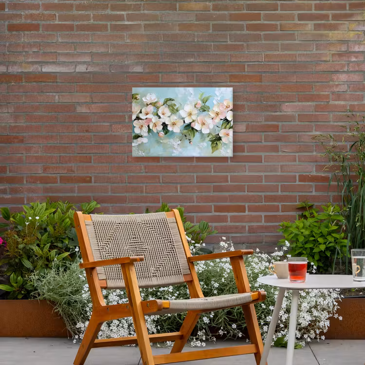 Bloesem - Bladeren - Lichtblauw Tuinposter op houten frame 2 cm dik klein -sfeer3