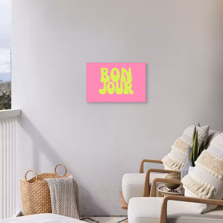 Bonjour - Roze - Fel groen Tuinposter op houten frame 2 cm dik klein -sfeer1