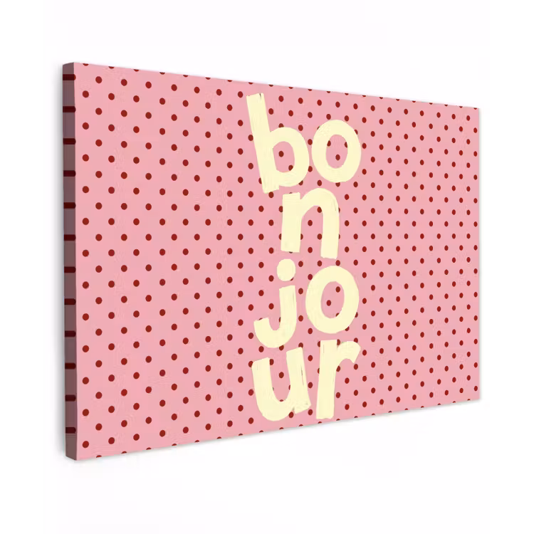 Bonjour - Stippen - Roze- Geel Tuinposter op houten frame 2 cm dik klein -3d