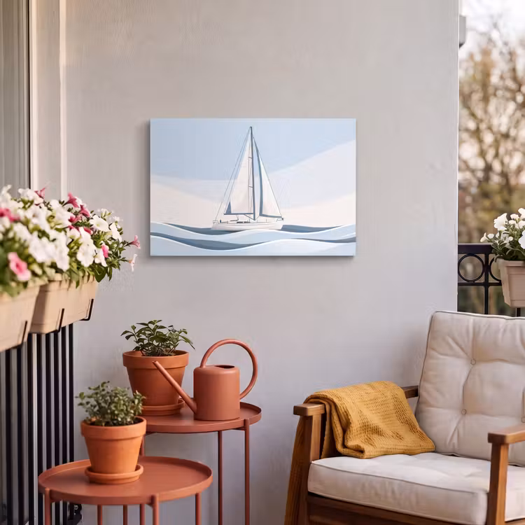 Boot - Zeil - Zee - Modern - Beige Tuinposter op houten frame 2 cm dik klein -sfeer1