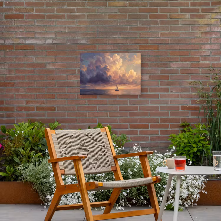 Boot - Zonsondergang - Zee - Natuur - Goud Tuinposter op houten frame 2 cm dik klein -sfeer3